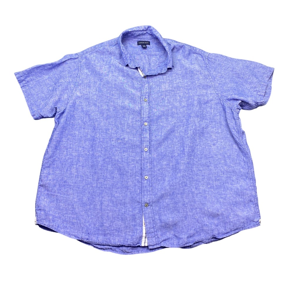 Lands End Men XXL Blue 100% Linen Short Sleeve Button Down Traditional Fit Shirt